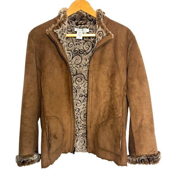 Coldwater Creek Y2K Faux Fur Faux Suede‎ Full Zip Jacket Petite Medium NWOT - Picture 1 of 14